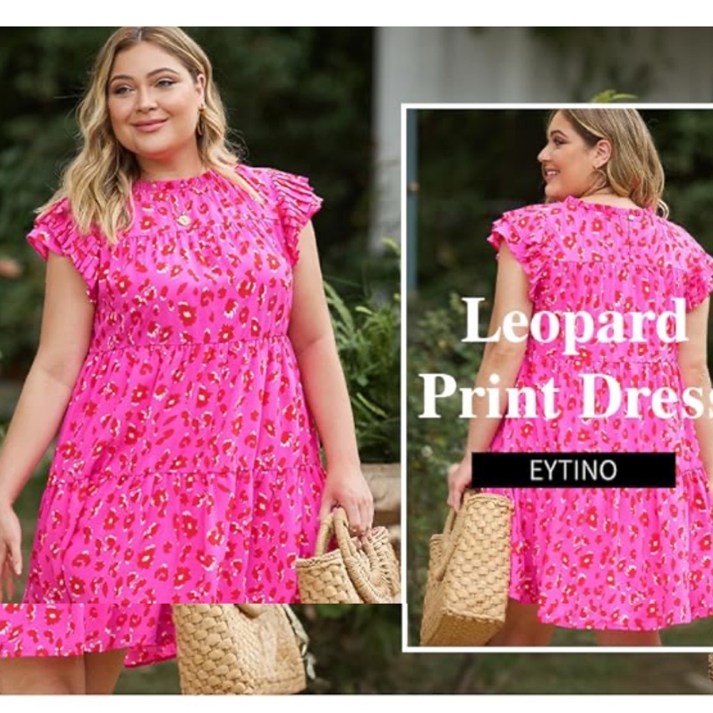 Eytino Womens Plus Size Dress Leopard Crewneck Ruffle Sleeve Flowy Mini Dress 3X